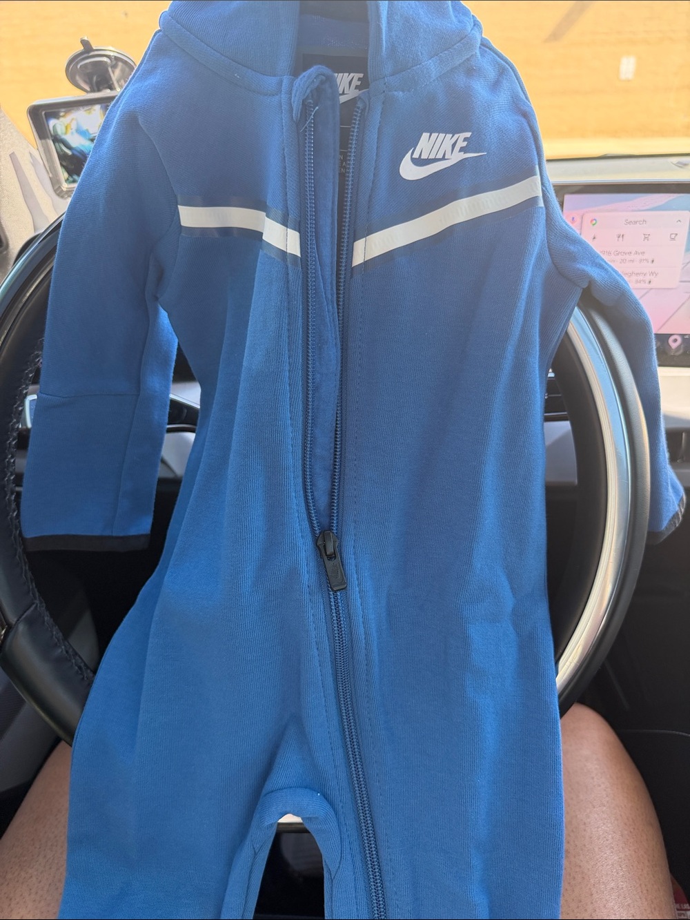 Nike Blue Infant Hooded Zip Romper with White Stripe